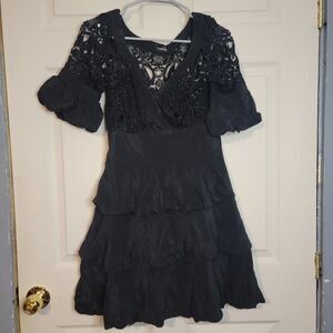 bebe Black Silk Lace Dress Women's XS Puff Sleeve Tiered Cocktail Party Mini